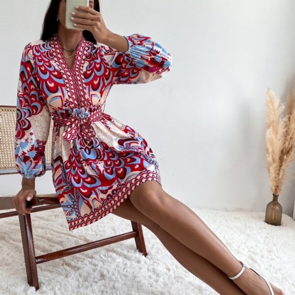 Boho Lantern Sleeve Mini Dress Office Work - Picture 2 of 5